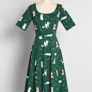 NWT ModCloth Collectif Festive 'Felines' Green Christmas Swing Dress Size 10